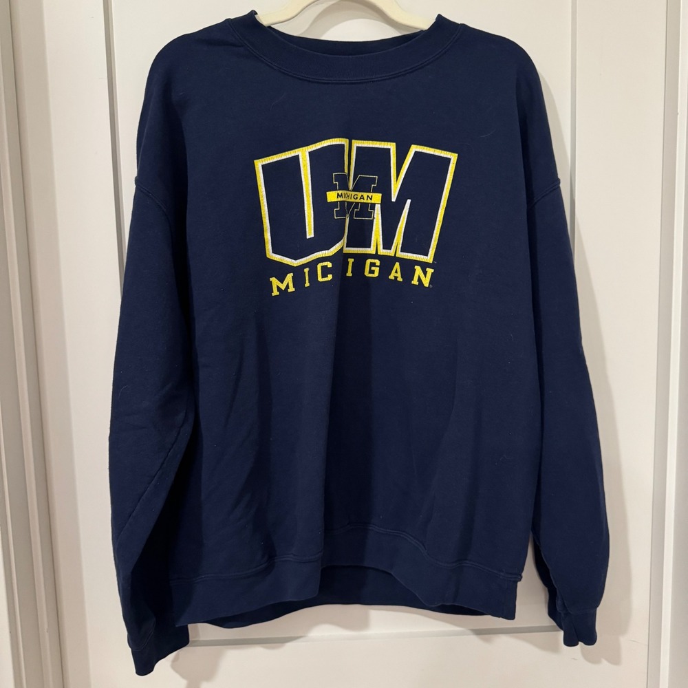 University of Michigan Wolverines Navy Blue Crewneck Sweatshirt Graphic Mens L